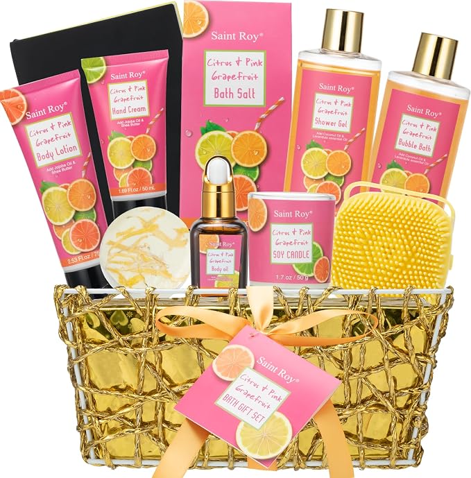 11Pcs Bath & Body Set Spa Gift Basket for Women Men, Self Care Bath Kit | Grapefruit Scents Home Spa Gift for Birthday, Christmas, Valentines, Mother Day, Anniversary Spa Kit, Self Care Pamper Gift
