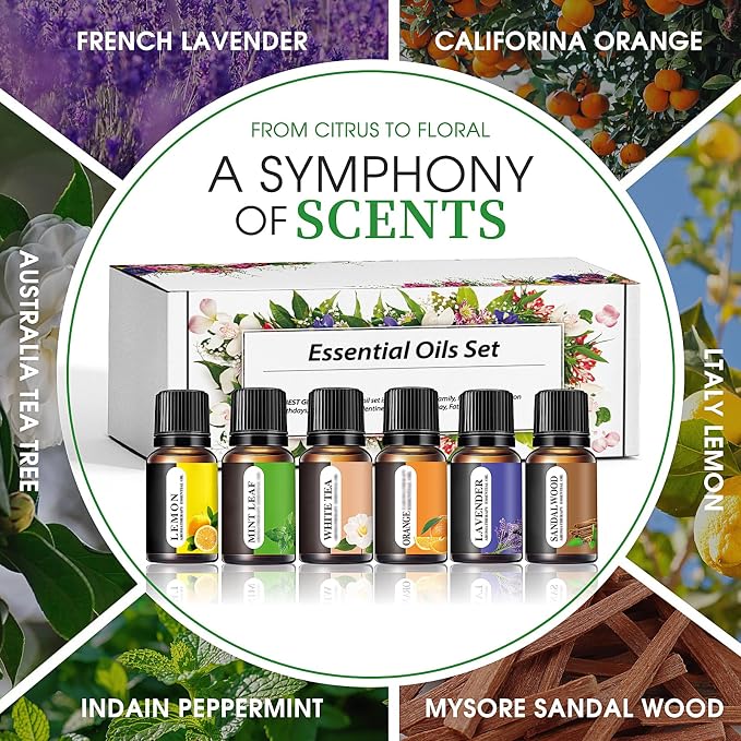 Aromatherapy Essential Oils Kit, 6pcs Pure Scented Oils for Diffuser, Soap, Massage & Home Use - Lavender, Mint, Lemon, Orange, Sandalwood, White Tea