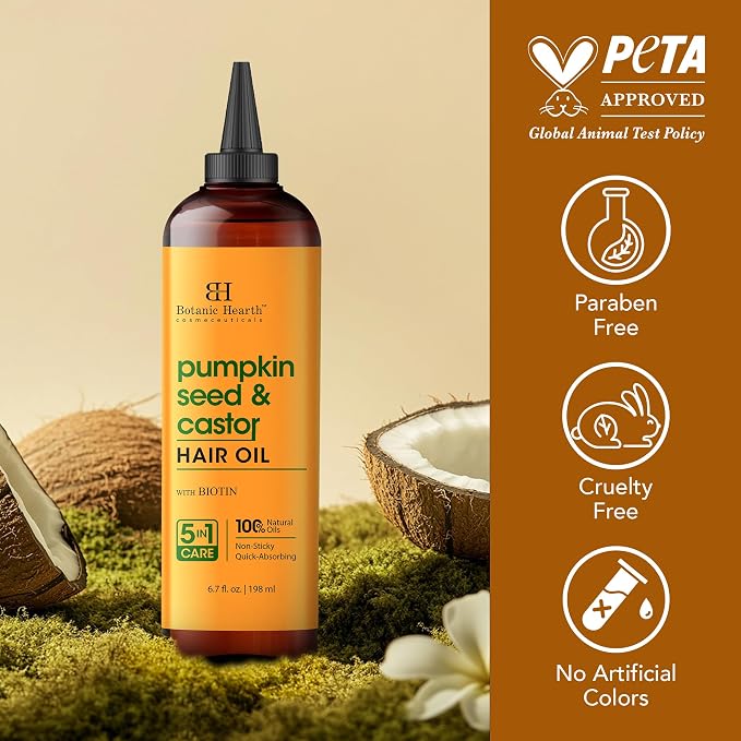 Botanic Hearth Castor Oil for Hair Growth with Pumpkin Seed Oil, Hair Growth Oils for Thinning Hair, Dry Damaged Hair & Scalp Treatment, Strengthens & Nourishes Hair, 6.7 fl oz