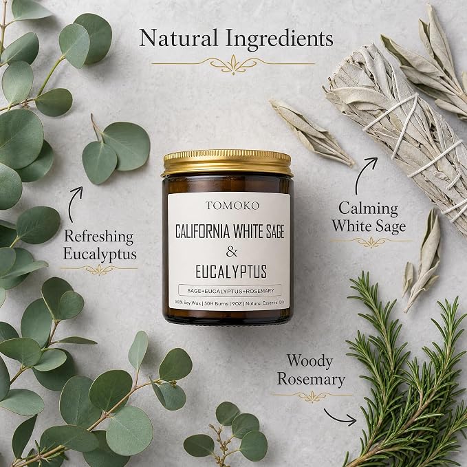TOMOKO California White Sage & Eucalyptus Scented Candle, 100% Soy Wax, Natural Essential Oils, Amber Jar, 9 oz, 50-Hour Burn