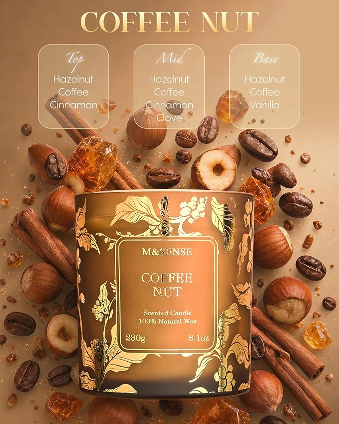 M&SENSE Coffee Nut Scented Candles, 8.1oz Non Toxic Candle Natural Soy Wax for Home, 42-Hour Long Lasting Aromatherapy Candle for Stress Relief, Warm Coffee Candle Gifts for Kitchen & Bedroom Decor