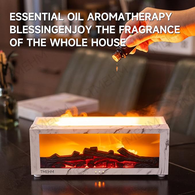 TMEHM Fireplace Flame Air Diffuser Humidifier,7 Colors Aromatherapy Essential Oil Diffuser,Ultrasonic with Timer for Home,Bedroom,Office,Yoga (White Marble)
