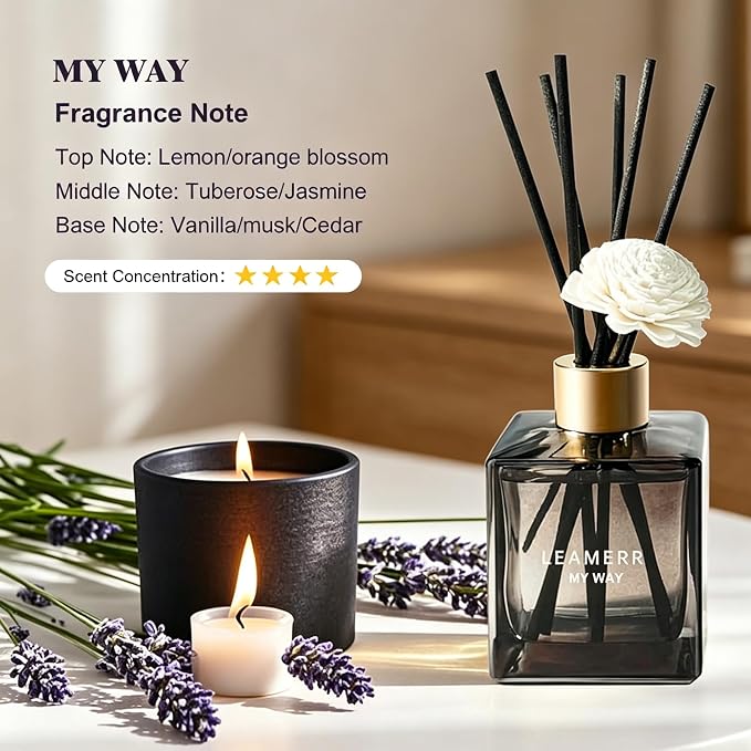 Reed Diffuser Set, 6.1 oz (180 ml) My Way Woody Fragrance Diffuser with 6 Reed Sticks and Scented Diffuser Flower Long-Lasting Home Fragrance Reed Diffuser for Home Room Office Bathroom Shelf Decor