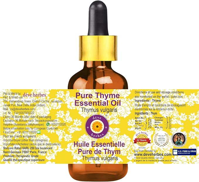 dève herbes Thyme Essential Oil (Thymus vulgaris) with Glass Dropper | Pure | Non-Sticky | Non-Greasy | Lightweight | Men & Women | All Skin Types | Steam Distilled 100ml (3.38 oz)