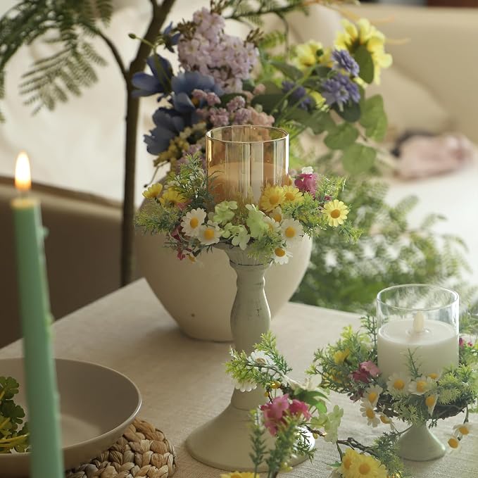Daisy Candle Ring 2 Pcs 3'' (Inner) 6'' (Outer) Diameter Floral Spring Wreath with Artificial Daisy - Ideal Easter Candle Holders Easter Centerpieces for Tables