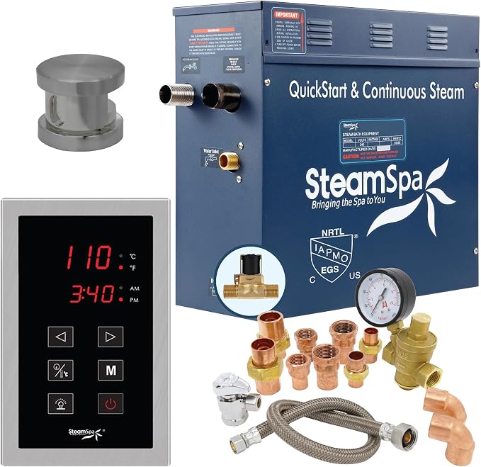 6kW Steam Sauna Generator Premium Bundle 240V Steam Generator with Touch Pad Control, Steamheads, Pressure Relief Valve, Built-in Auto Drain and Plumber Quick Install Kit PRT600BN-A