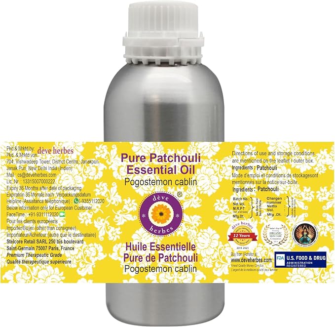 Deve Herbes Pure Patchouli Essential Oil (Pogostemon cablin) Steam Distilled 1250ml (42 oz)