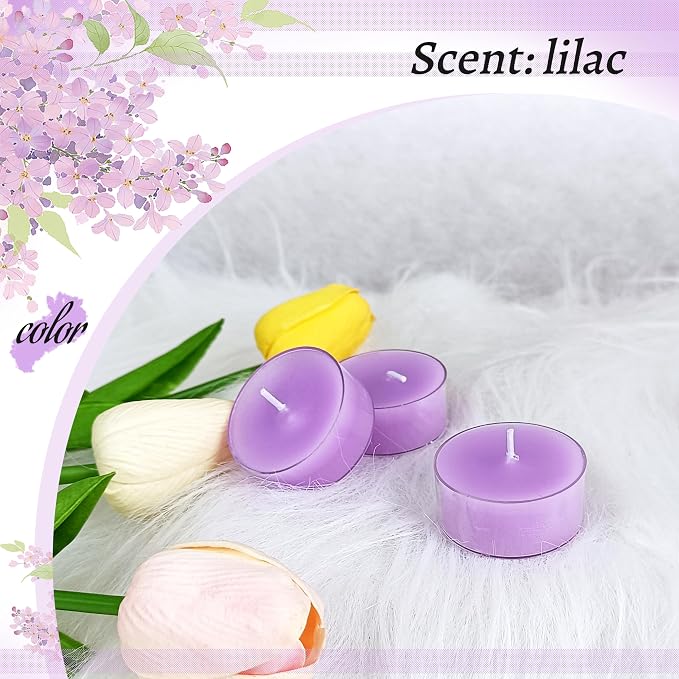 Lilac Scented Tealight Candles, Purple Scent Tea Lights Candles Clear Cup, 24 Pack Colored Tealights Candle, 6 Hour Burn Time Tea Candles for Party, Decor, Spa, Shabbat