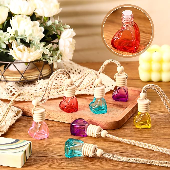 20 Pcs 6ml Hanging Car Diffuser Bottle Empty Glass Perfume Air Freshener Heart Love Container Diffuser Pendant Wedding Essential Oil Fragrance Aromatherapy Ornament (Multicolor)
