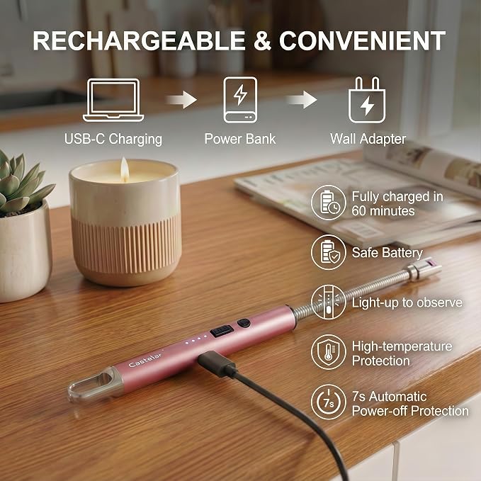 Castelar Electric Candle Lighter with Long Flexible Neck, USB Rechargeable Arc Lighter with Safety Lock for Candle, BBQ, Camping, Housewarming, and Birthday Gifts