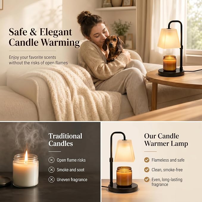 JIMEI Candle Warmer Lamp with Timer Electric Wax Warmer for Scented Wax Melt Warmer Melter for Jar Candles Dimmable Adjustable Height Gifts for Women Mom House Warming Frossted Glass Black