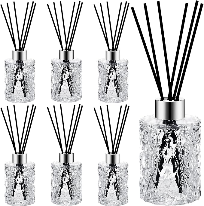 Norme 6 Set Empty Reed Diffuser Bottle Set with Stick, 150ml/5oz Clear Diffuser Glass Jars with Black Rattan Reed & Cap, for DIY Essential Oil, Fragrance, Home Fragrance, Bulk (Silver)
