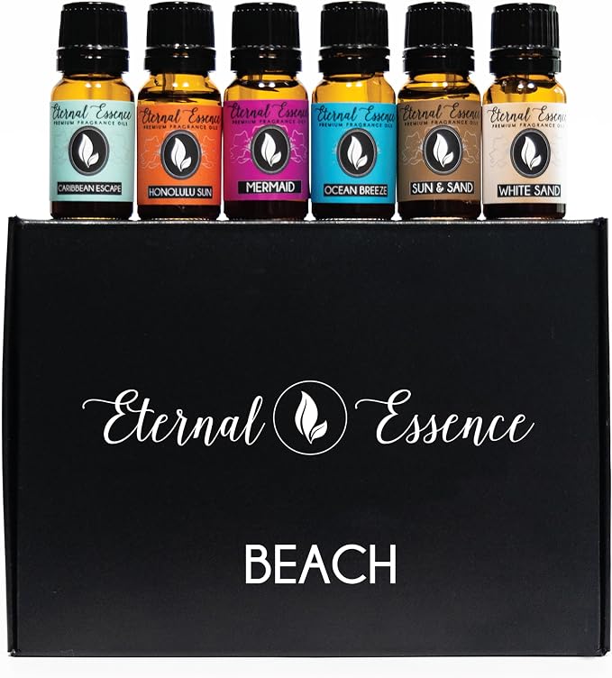 Eternal Essence Oils Beach Set of 6 Premium Fragrance Oils - Includes White Sand, Ocean Breeze, Honolulu Sun, Mermaid, Caribbean Escape, and Sun & Sand Scented Oils - 10ML