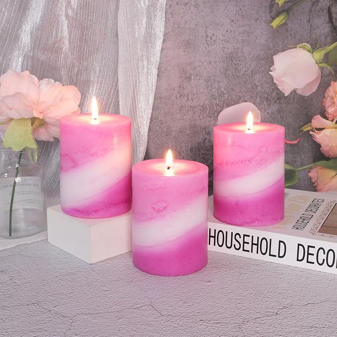 Crystal Club Rose Scented Candles Set of 3, 3x4 Inch Pillar Candle, 40+ Hours Long Burning Pink Scented Pillar Candle, Hand-Poured Paraffin Wax with 100% Cotton Wick Smokeless for Home Decor