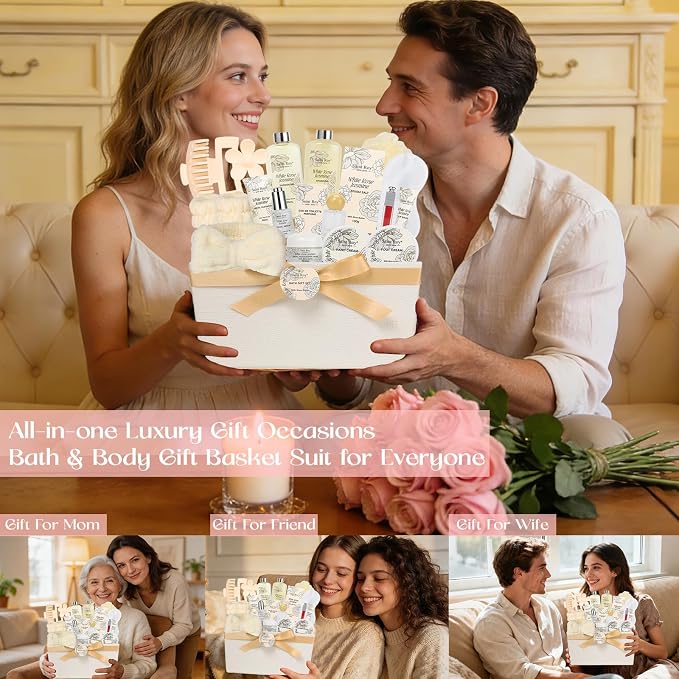 37 Pcs Bath Spa Gifts for Women, Mothers Day Gifts, WHITE ROSE JASMINE Bath & Body Gift Basket, Face Skin Care Kit, Home Spa Gift Set, Self-Care Kit, Necklace, Birthday, Christmas, Anniversary