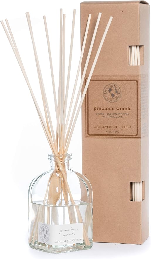 ECO CANDLE CO. Reed Diffuser Set, Precious Woods, 4 oz. - Scents of Smoked Wood, Nutmeg, Musk, & Ylang - Premium Fragrance and Essential Oil Blends, Clear Glass, 12 Reed Sticks, Recycled Kraft Box