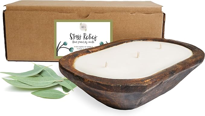 Aira Dough Bowl Candle - Organic, Kosher, Vegan, Hand Carved Wood Bowl Candle w/Aromatherapy Essential Oils - Hand-Poured 100% Soy Candle Wax - Paraffin Free, Long Lasting - Stress Relief - 13 Ounce
