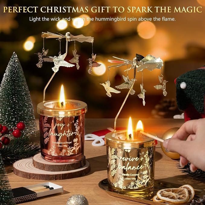 Mothers Day Gifts for Women Mom Friend Sister, Unique Birthday Gifts for Women Girlfriend Wife Daughter, Christmas Candles Hummingbird Rotating Scented Candles Set for Woman w/Crochet Flower Bouquet