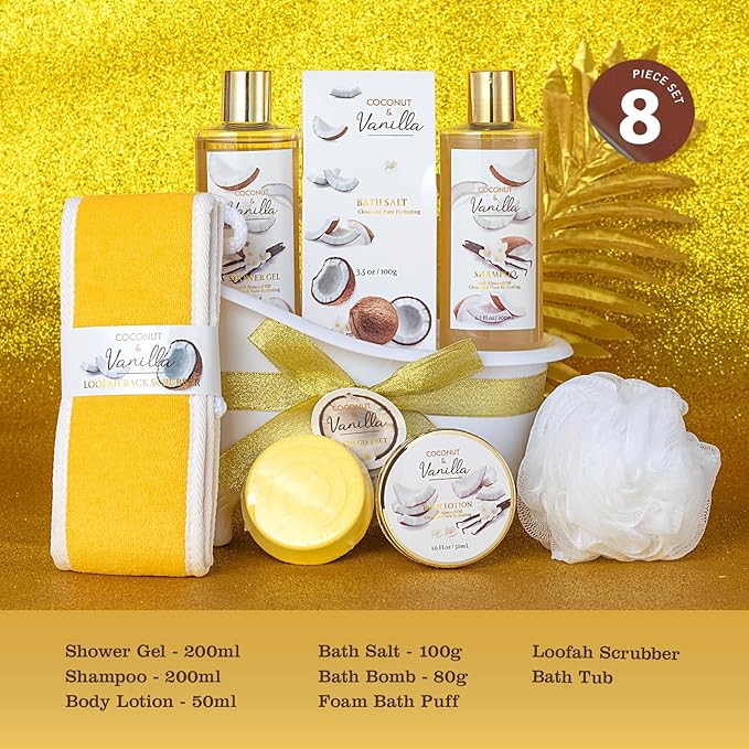 Spa Gift Basket for Women & Men Pamper Kit- 8-Piece Bath Kit Coconut Vanilla Bath & Body Gift Set for Women Self Care Spa Gift Baskets | Perfect Gifts Mom, Birthday Gift, All Occasion Holiday Present