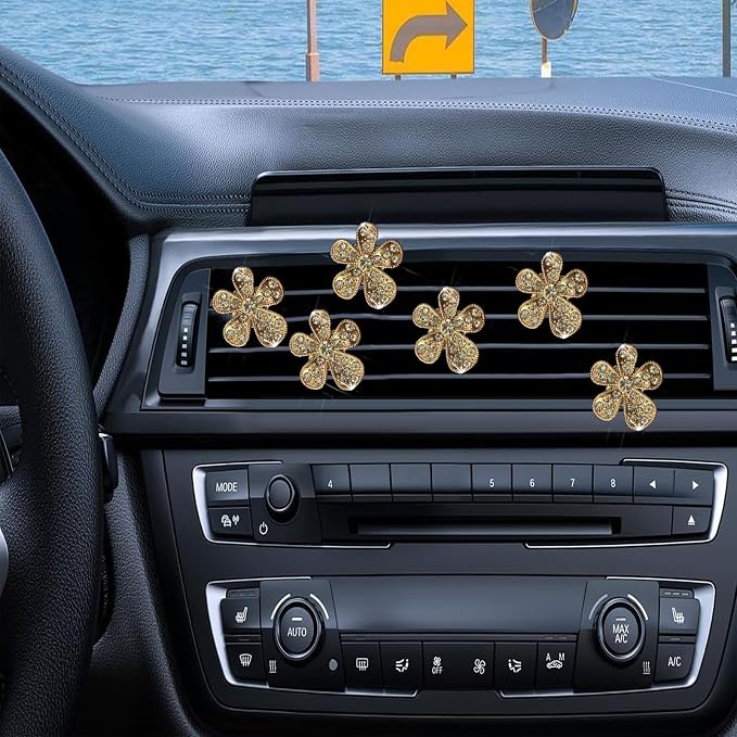 Daisy Air Vent Clips, 3 Pcs Cute Flower Crystal Rhinestone Car Air Conditioning Outlet Clip Vehicle Air Freshener Clip Charm Car Inter Decor Accessories for Women (Golden, 1.6inch)