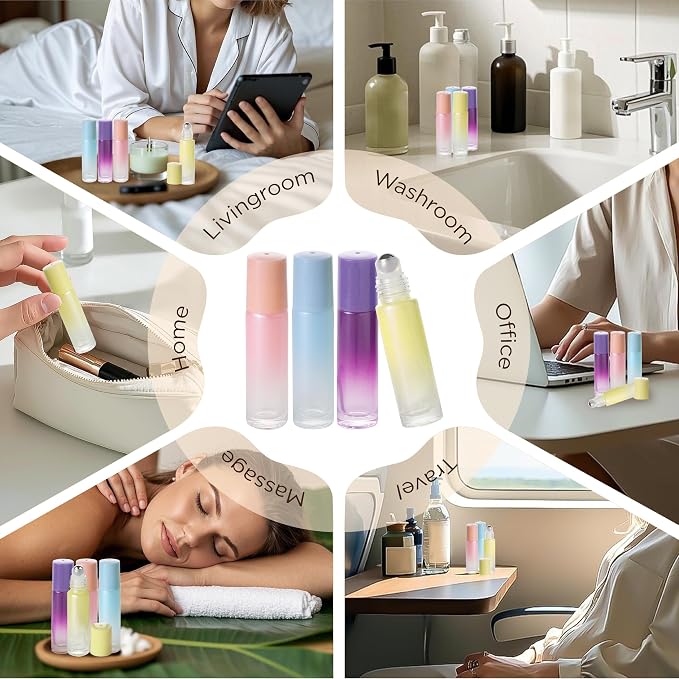 SESENSE Essential Oil Roller Bottles, 10ml Colored Thick Glass Perfume Roller Bottles with Funnel Opener and Dropper (Multicolor, 4 Pack)