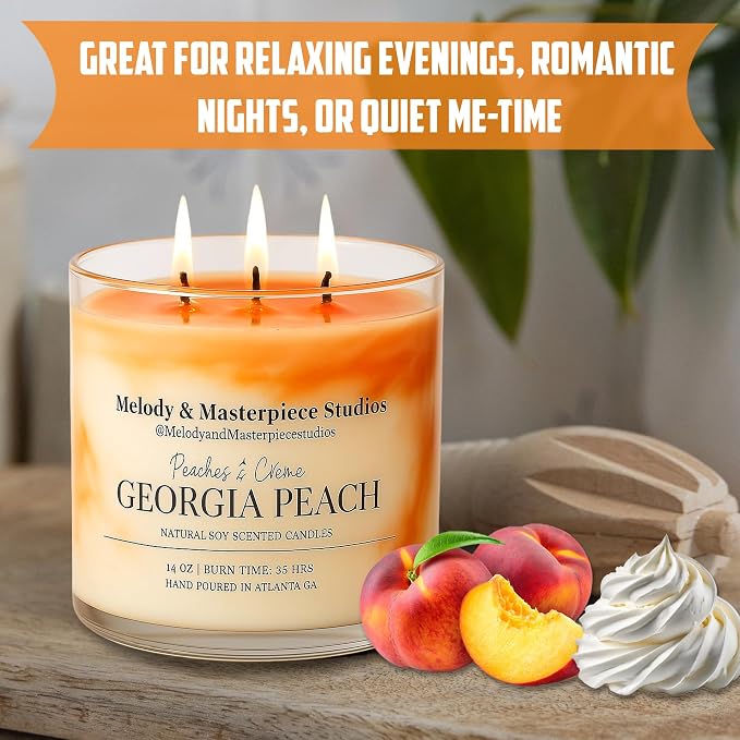 Melody & Masterpiece Studios Scented Candle Jar (14.5oz) – Natural Soy Wax Candle Jar with Lid – Long-Lasting 35 Hours Burn Time – Ideal for Backyard, Patio, Decks & Indoor (Georgia Peach).