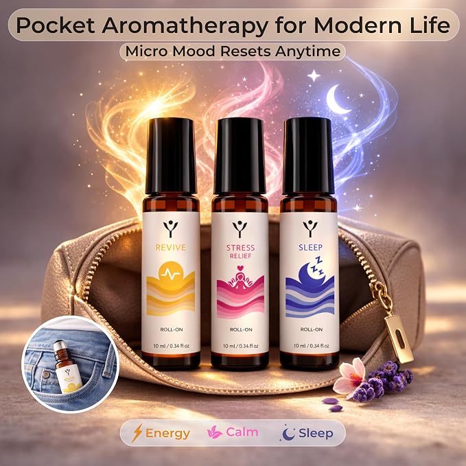 Essential Oil Roll On Set (3 Pack) – Sleep, Stress Relief & Revive Aromatherapy Rollers – Pre-Diluted Travel Size Blends for Relaxation & Bedtime – Wellness Gift for Women
