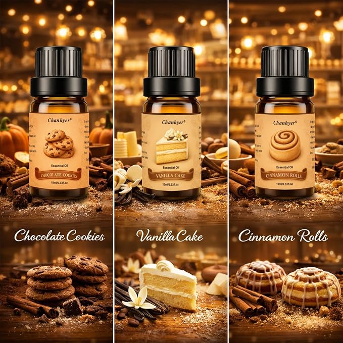 Bakery Essential Oils Set for Diffusers 6x10ml-Chocolate Cookies,Vanilla Cake,Cinnamon Rolls,Pumpkin Pie,Gingerbread,Waffles,Fragrance Oils for Candle&Soap Making