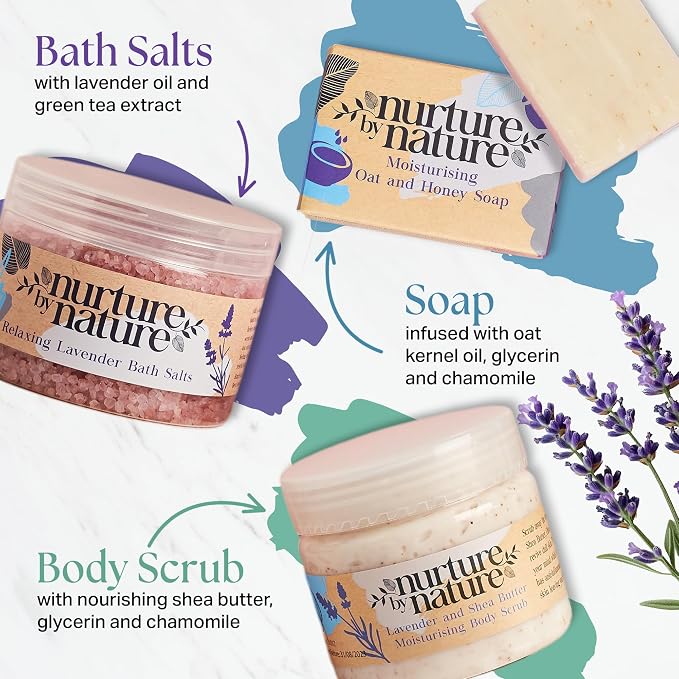 Nurture by Nature Self Care Gifts for Women - Spa Gift Baskets for Women & Relaxation Gifts | At Home Spa Kit | 6 Piece Bath Set with Pillow Spray, Candle, Bath Bomb & Bath Salts
