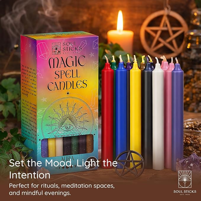 SOUL STICKS Aura Magic Spell Chime Taper Candles 20 Pack - Ideal for Altar, Rituals, Ceremonies, Meditation Colored Chime Candle for Witchcraft Supplies, Wiccan Supplies, Candles Clearance