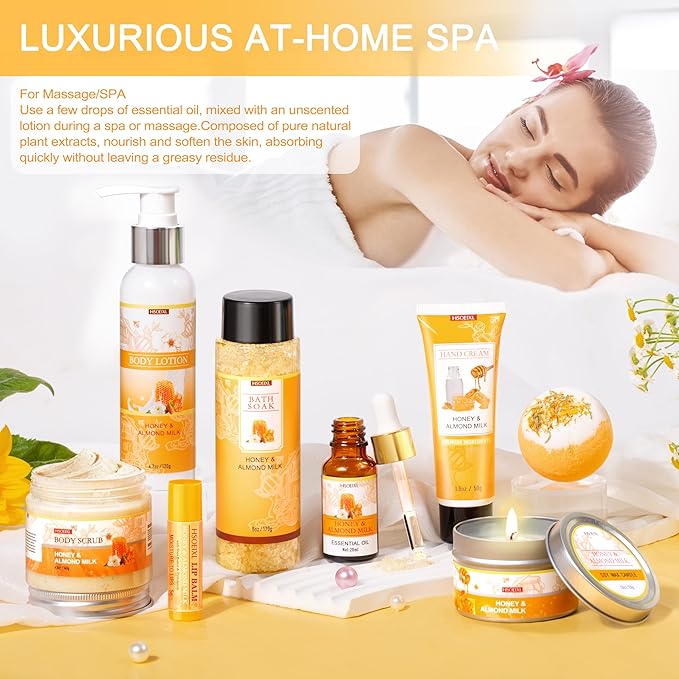 Gifts for Women, Birthday Gift for Women, 9 Pc Almond Milk & Honey Bath and Body Gifts Set, Self Care Gifts Spa Gift Basket, Relaxing Bath Sets for Mom, Girlfriend, Sister, Female Friends, Coworker