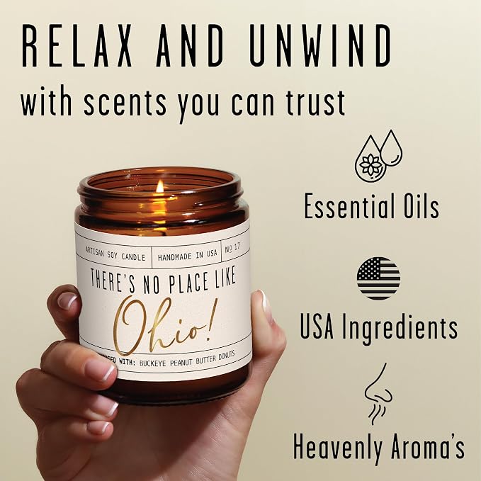 Ohio Gifts, Ohio Decor for Home - 'There's No Place Like Ohio Candle, w/Buckeye Peanut Butter Donuts I Ohio Souvenirs I Ohio State Gifts I 9oz Jar, 50Hr Burn, USA Made