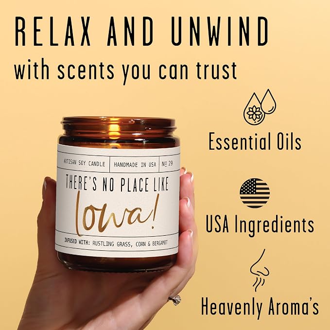 Iowa Gifts, Iowa Decor for Home - 'There's No Place Like Iowa Candle, w/Rustling Grass, Eucalyptus, Corn & Bergamot I Iowa Souvenirs I Iowa State Gifts I 9oz Jar, 50Hr Burn, USA Made