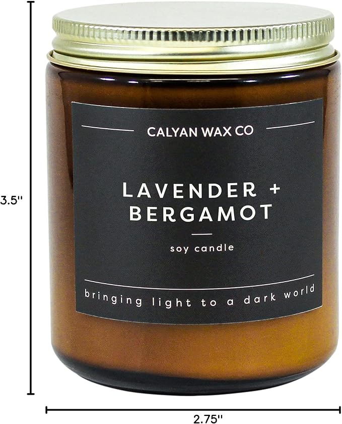 Calyan Wax Co. Lavender & Bergamot Scented Candle - 57 Hour Burn - Luxury Clean Soy Wax Candles - Long Lasting Amber Glass Jar Candle for Home - 7.2oz
