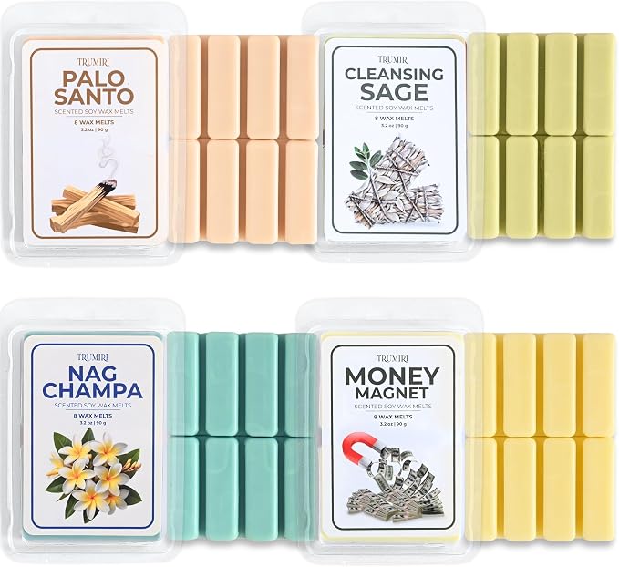 Scented Wax Melts Variety Pack Palo Santo|Cleansing Sage|Money Wealth|Nag Champa - Made With Non Toxic Soy Wax And Essential Oils - Long Lasting Strong Scent Pet Safe Candle Wax Cubes For Warmers