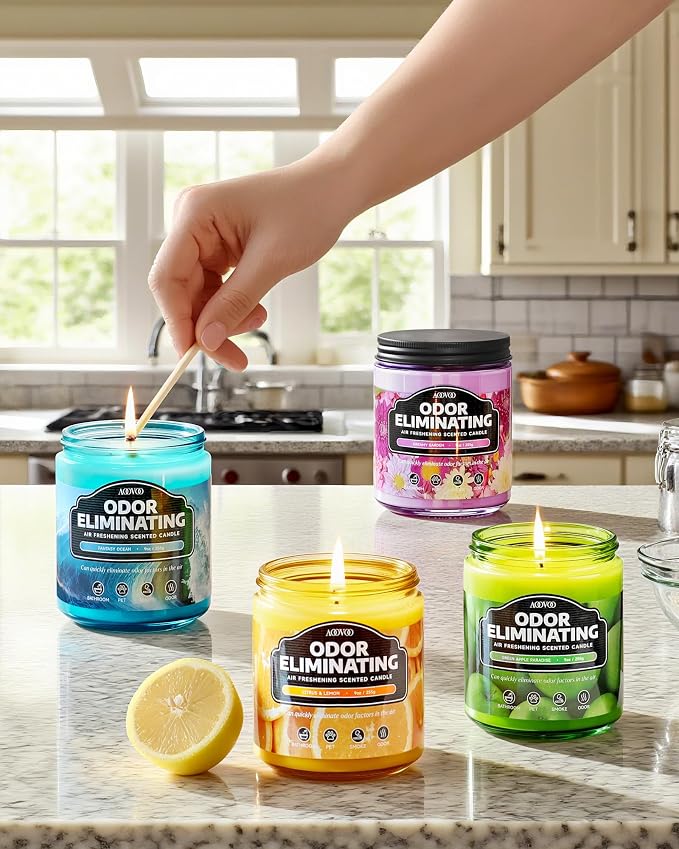 AOOVOO 4 Pack Odor Eliminating Highly Fragranced Candle - Eliminates 95% of Pet, Smoke, Food, and Other Smells Quickly, Air Freshing Soy Candle, Citrus Lemon/Ocean/Apple/Dreamy Garden