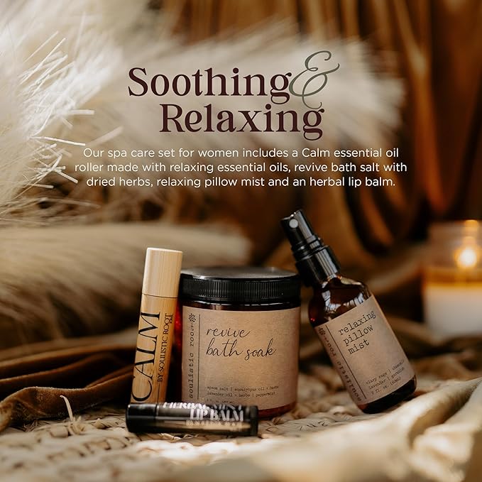 SOULISTIC ROOT Self-Care Set - Luxury Spa Bath Kit, Pillow Mist, Cooling Lip Balm, Tranquil Essential Oil Roller & Epsom Salt Bath Soak Pampering Package, Holistic Gifts for Him & Her