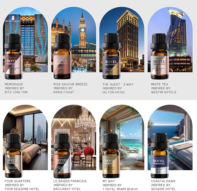 Hotel Diffuser Oil Gift Set - Inspired by 5-Star Hotel Scents - My Way,Ritz - C,Westin White Tea,Baccarat,Four Seasons,Hilton,Beachfront Villa,Paris Coast, Fragrance Oil Set