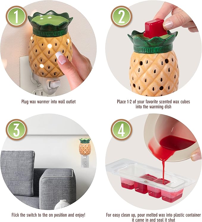Pineapple Plug-in Fragrance Wax Melt Warmers (2Pk) - Electric Scented Candle Warmer w 4 Scented Tarts - Halogen Bulb Melts Wax & Fills Room w Fresh Scents & Night Light Glow - Mothers Day Gift for Mom