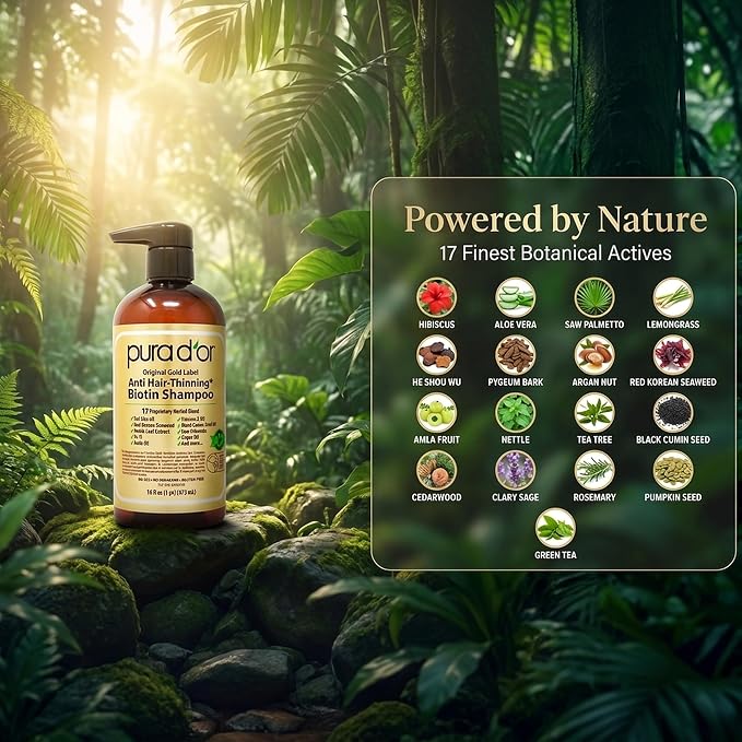 PURA D'OR Original Gold Label Anti-Thinning Shampoo - CLINICALLY TESTED - Biotin & Argan Oil – Sulfate-Free Strengthening & Volumizing for Fuller-Looking Hair, Men & Women, Natural Earthy Scent 16 oz