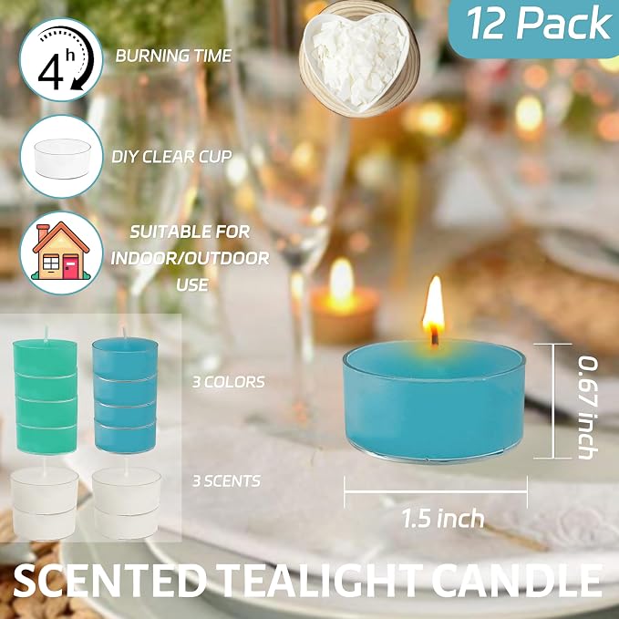Scented Tea Light Candles 12 Pack Hand Poured 3 Color Smokeless 4 Hours Clean Burning Small Round Clear Cups Tealight Candles for Romantic Dinners Wedding Centerpieces Cozy Evenings