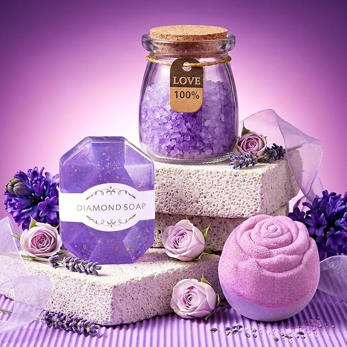 Birthday Gifts for Women, Gift Baskets Set for Mom, Wife, Her, Friend, Teacher, Nurses, Coworker, Self Care Spa Relaxation Baskets Set, Thank You Gift for Women Purple