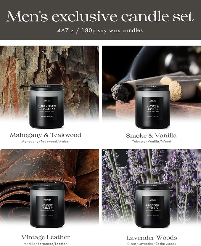 AOOVOO Scented Candles Set - 4 Pack Men Candles for Home Scented, 28 oz Soy Wax, 200 Hour Long Lasting Candle, Soy Candle Gifts Set for Men, Birthday, Valentine, Christmas, Anniversary Present
