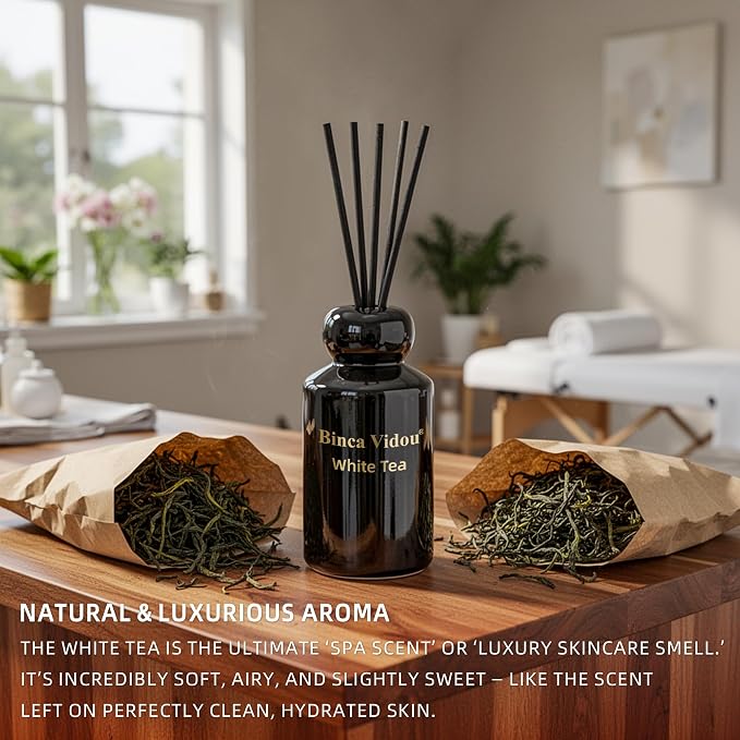 Reed Diffuser Set, Binca Vidou Lavender & White Tea Natural Scent Oil Diffusers with Sticks for Home Office Bathroom Aromatherapy Decor Black&White Series 3.38oz x 2