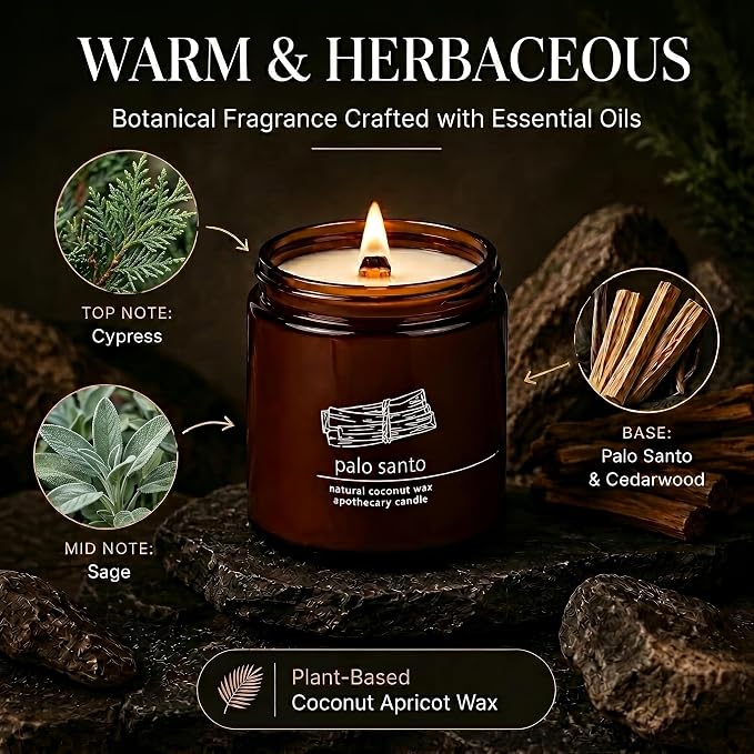 Hemlock Park Palo Santo Apothecary Scented Candle | Crackling Wood Wick, Botanical Fragrance & Coconut Apricot Wax | Up to 80 Hour Burn Time | 16 oz | Made in USA