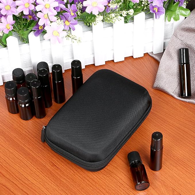 Hipiwe Hard Shell Essential Oil Carrying Case Holds 12 Bottles (Can hold 5ml, 10ml, &10ml Rollers) Travel Size Essential Oils Bag Organizer (Black)
