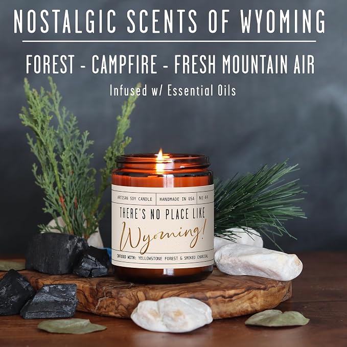 Wyoming Gifts, Wyoming Decor for Home - 'There's No Place Like Wyoming Candle, w/Forest, Campfire & Fresh Mountain Air I Wyoming Souvenirs I Wyoming State Gifts I 9oz Jar, 50Hr Burn, USA Made