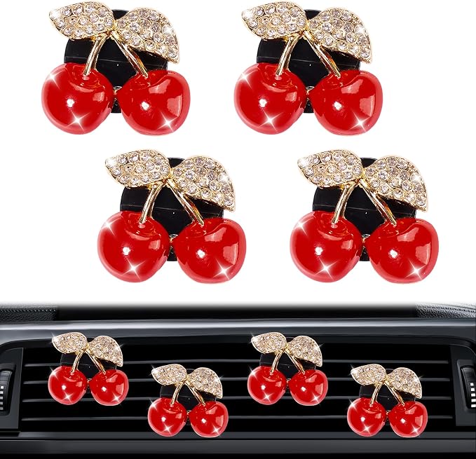 Rislobx 4PCS Cherry Air Vent Clip, Bling Air Outlet Freshener Clip, Crystal Diamond Cherry Car Accessories, Girly Car Decor for Women