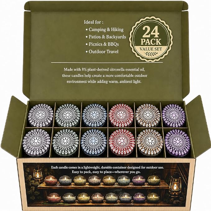 24 Pack Citronella Candles Outdoor, 2.5 oz Soy Wax Tin Candles with 8% Citronella Oil, Up to 600 Hours Total Burn Time, Portable Patio Candle Set for Backyard, Camping, BBQ & Summer Use