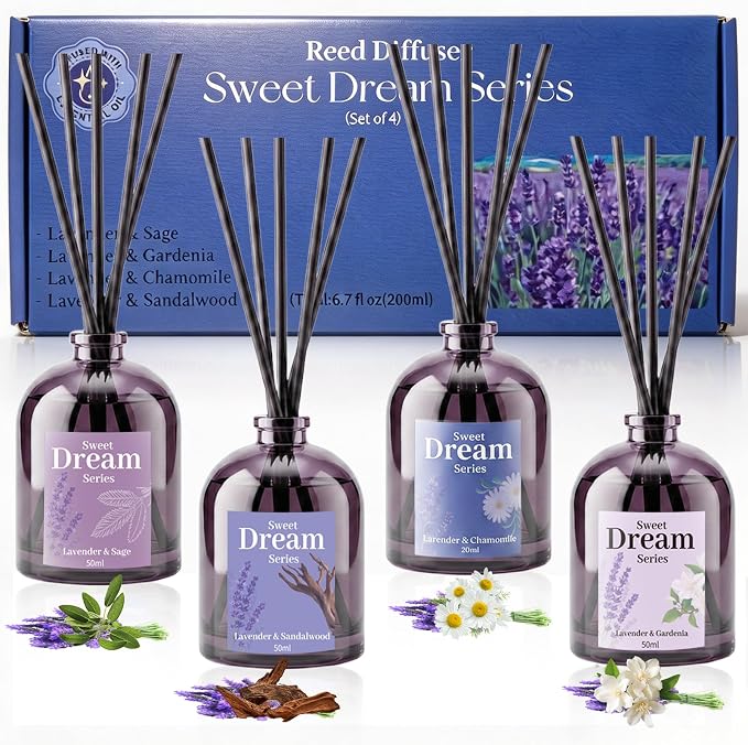 SCENTORINI Reed Diffuser Set for Sleep, Relax, 4 * 1.69oz, Natural Lavender Essential Oil Diffuser, Scented Reed Diffuser, Home Fragrance for Room Spa Bedroom Bathroom Hotel Home Decor